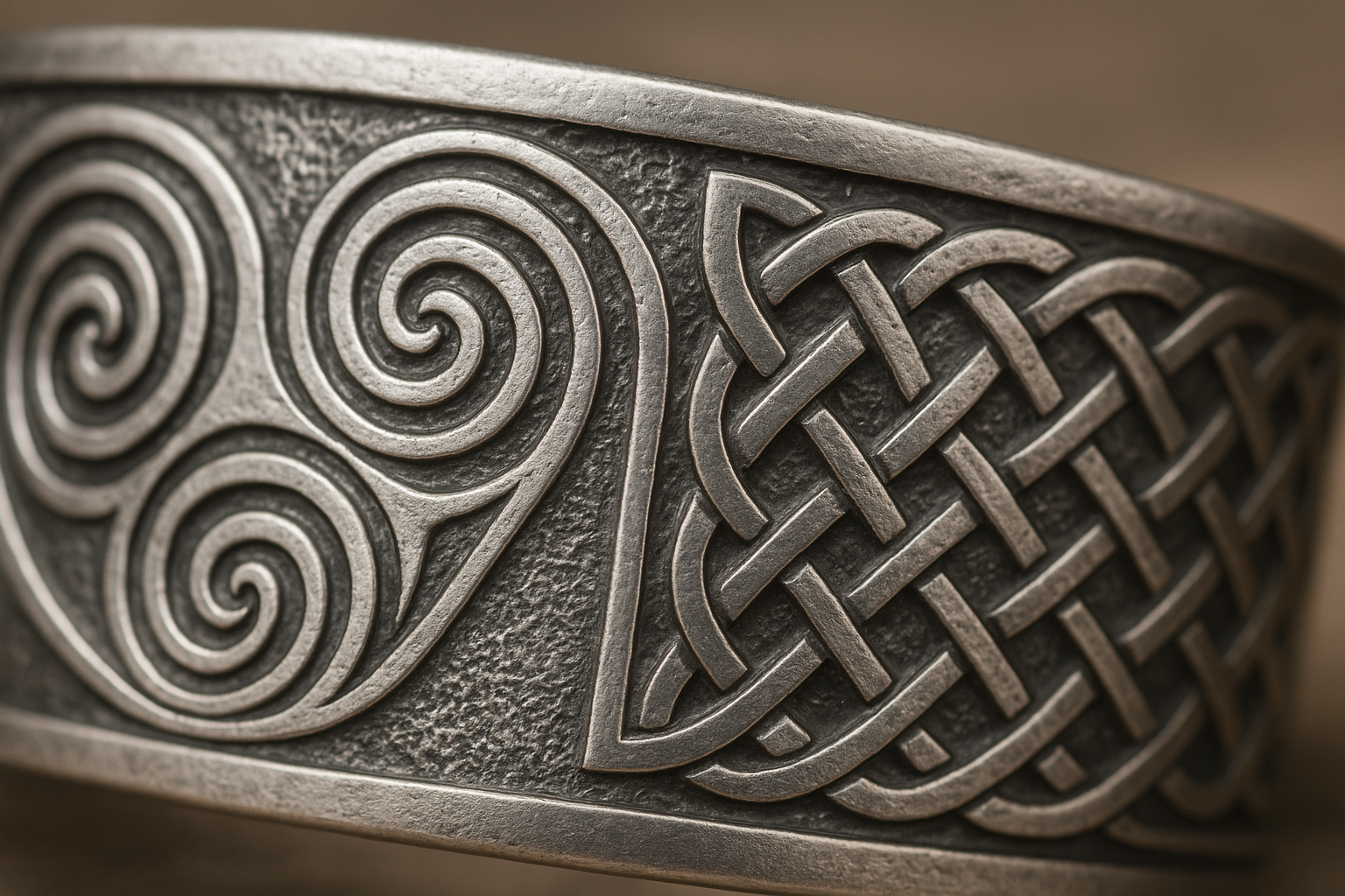 ケルトのトリスケル(三重スパイラル)と組紐文様を精緻に彫刻した銀製装飾具のクローズアップ画像。金属の質感と立体的な線刻が強調され、古代ケルト美術の象徴的デザインを示している。