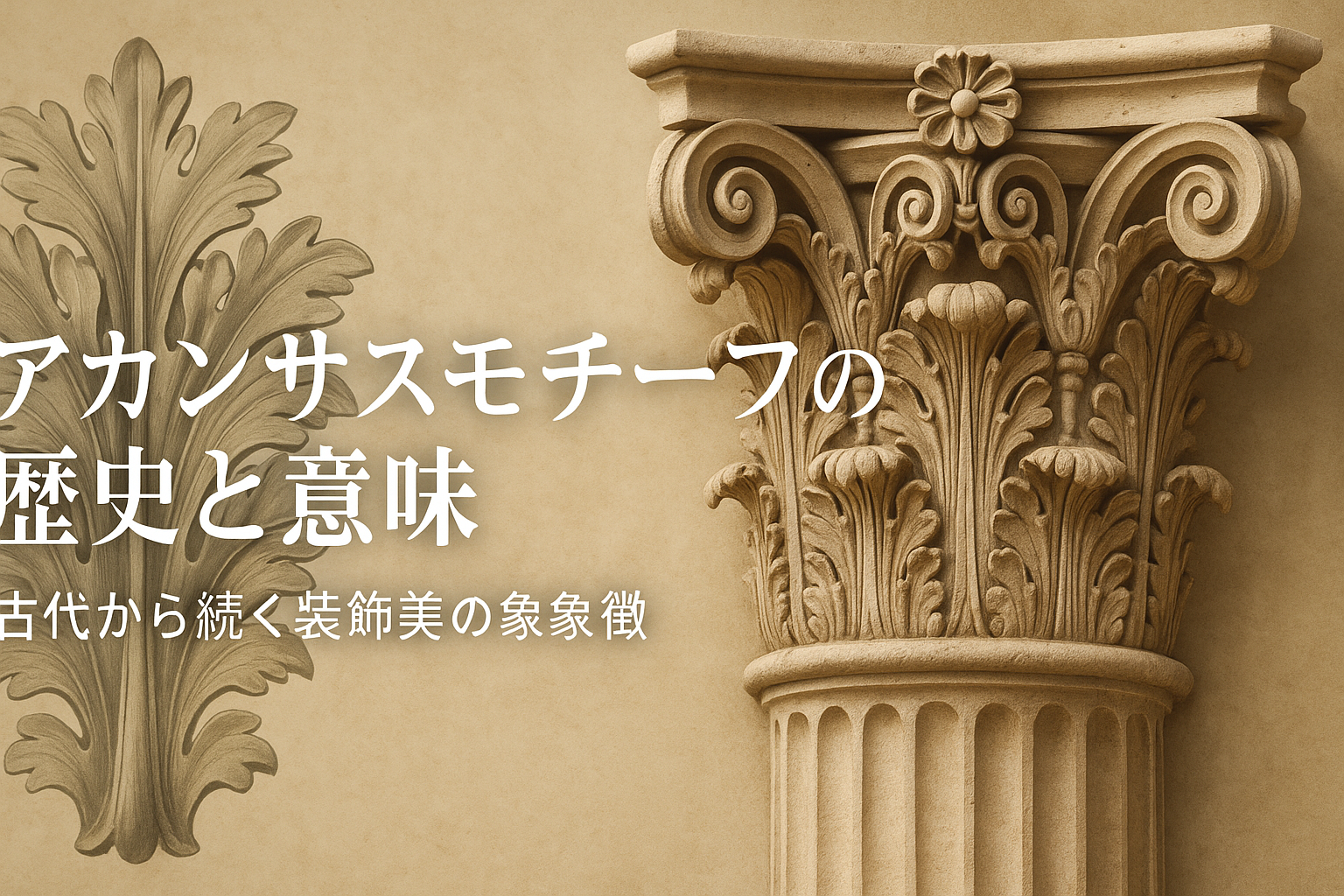 コリント式柱頭に彫刻されたアカンサスの葉と渦巻き模様を描いた画像。背景は温かみのあるベージュ色で、左側にアカンサスの葉のイラストと「アカンサスモチーフの歴史と意味 ─ 古代から続く装飾美の象徴」という日本語テキストが配置されている。