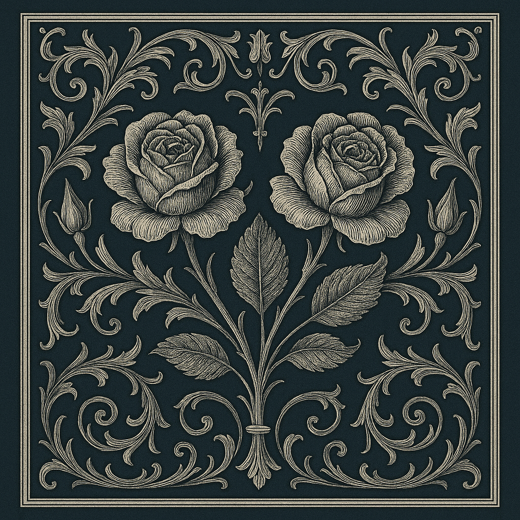 2輪のバラを左右対称に描いたゴシック~ルネサンス風の装飾デザイン。深い藍色の背景にシルバー調で精緻に表現され、愛と美、神聖さを象徴するバラモチーフとしてヨーロッパ装飾文化を想起させる荘厳なイラスト。