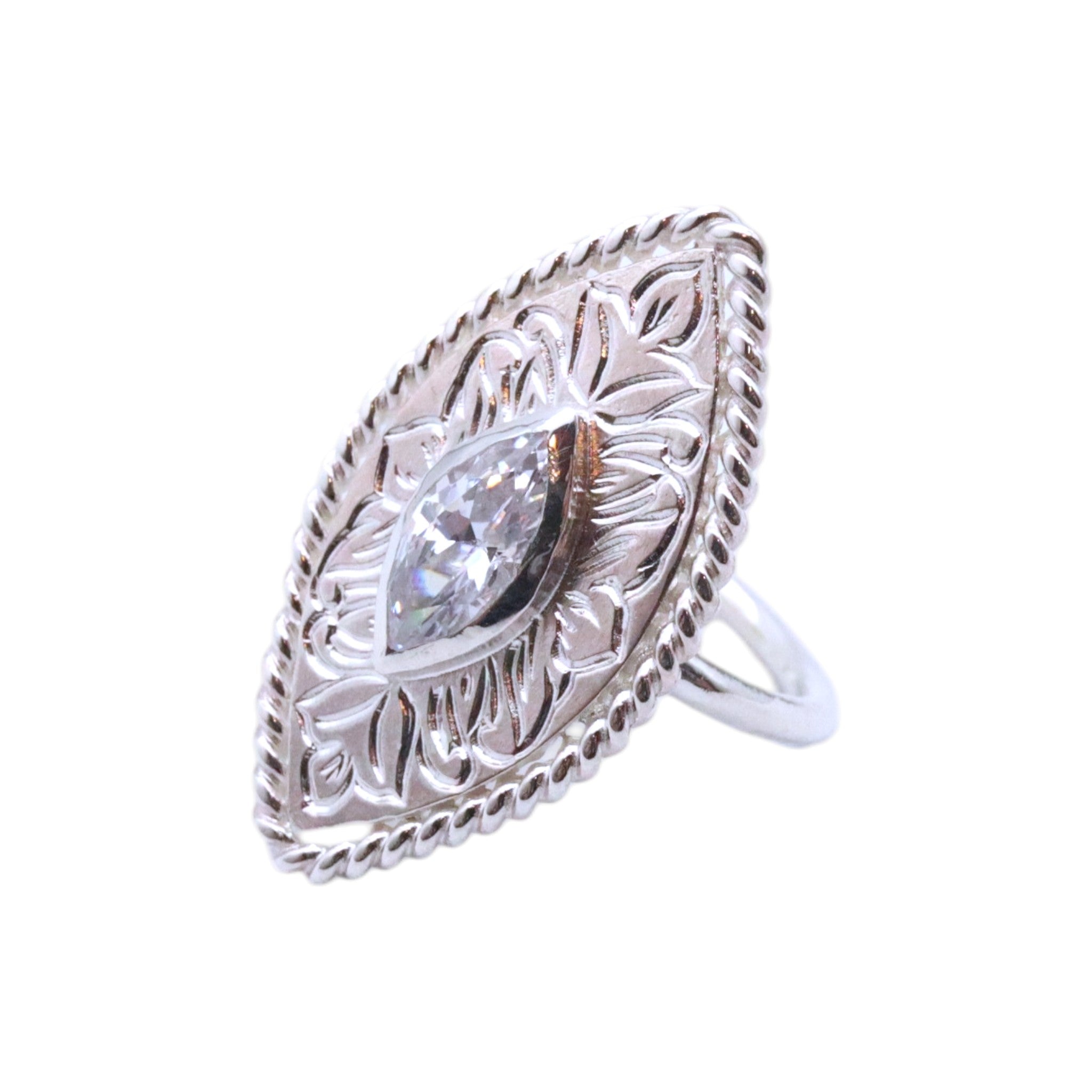 marquise engraving silver ring