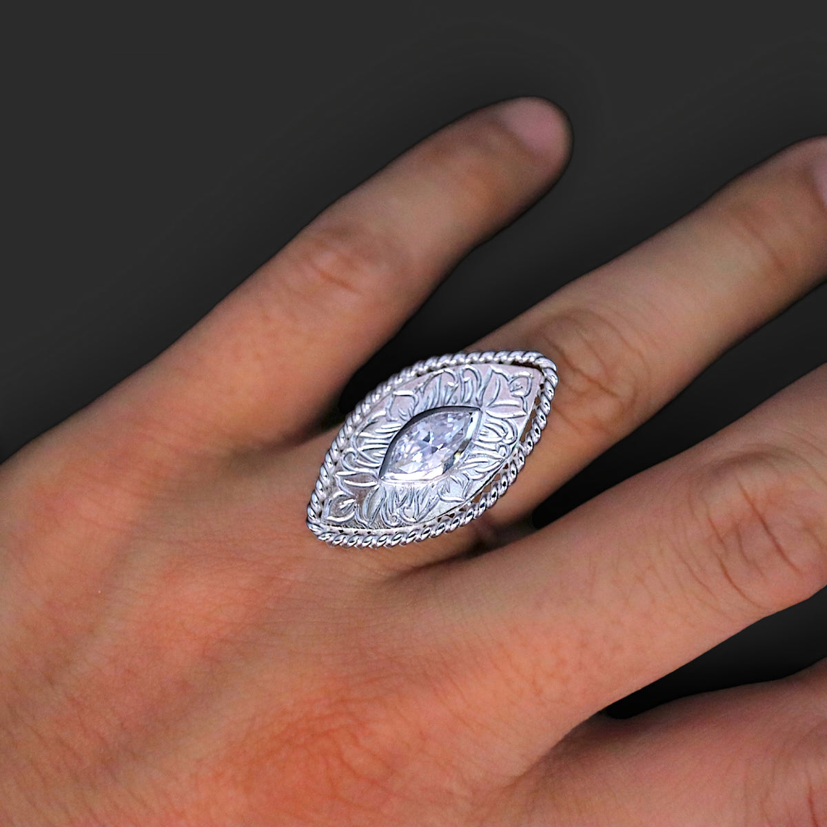 marquise engraving silver ring