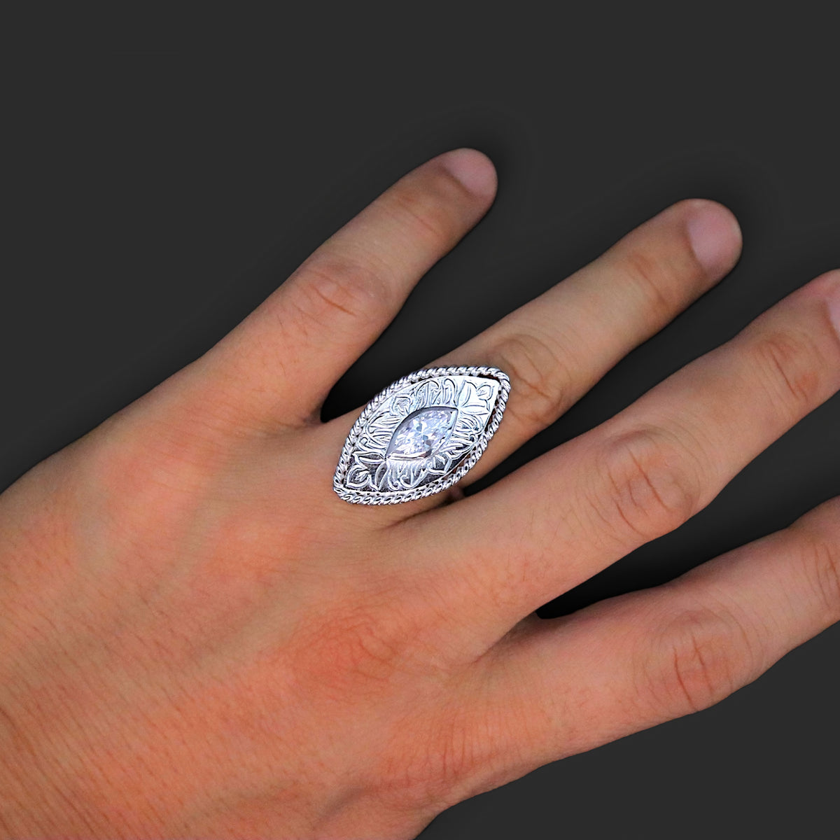 marquise engraving silver ring