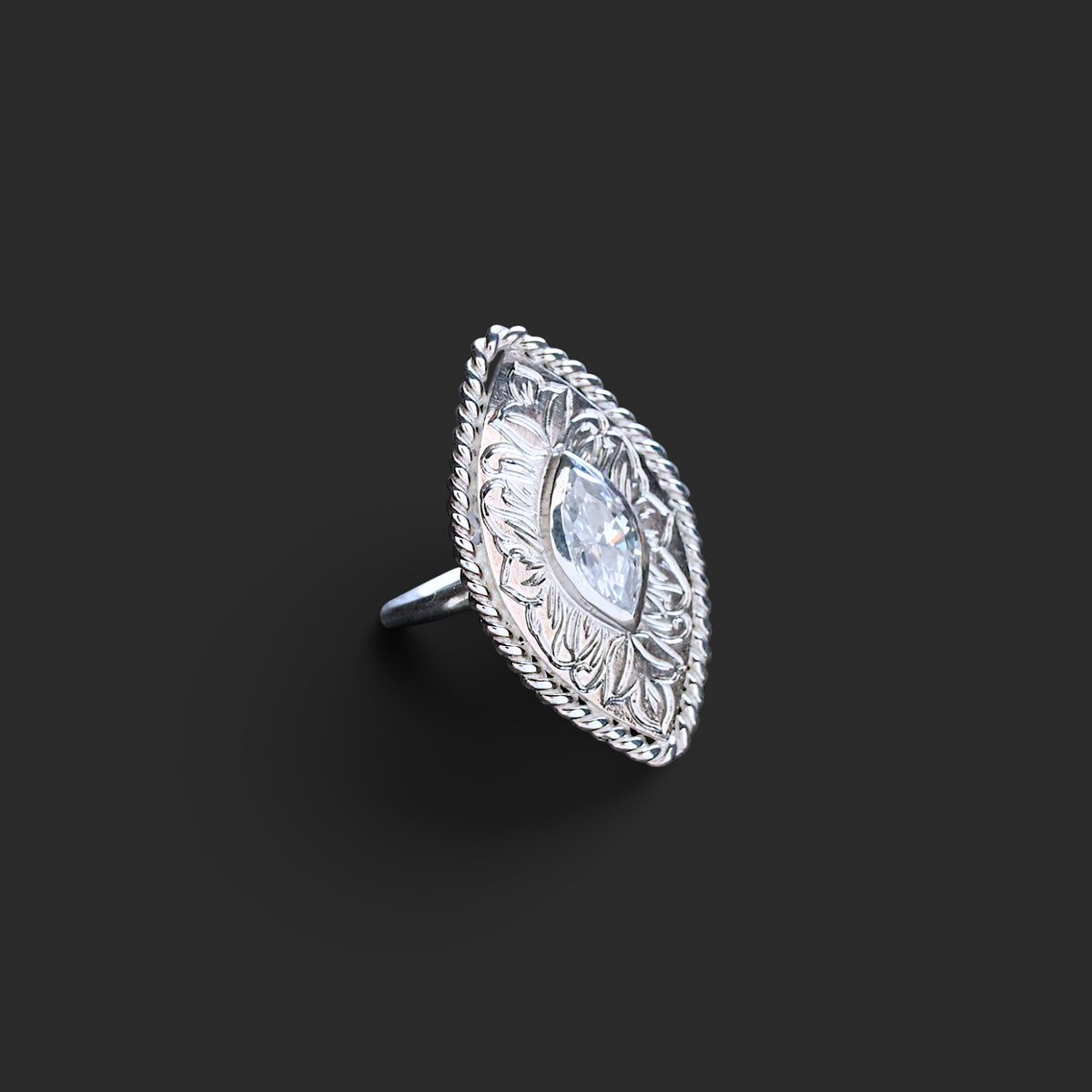 marquise engraving silver ring
