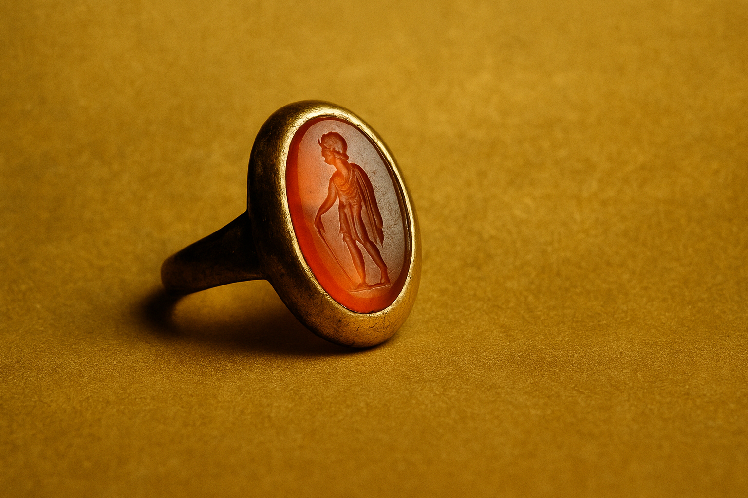 金色の背景の上に置かれた古代ローマ風のカーネリアン・インタリオリング。橙赤色の石が柔らかい光を受けて輝き、金属の質感と彫刻の陰影が際立つ構図。