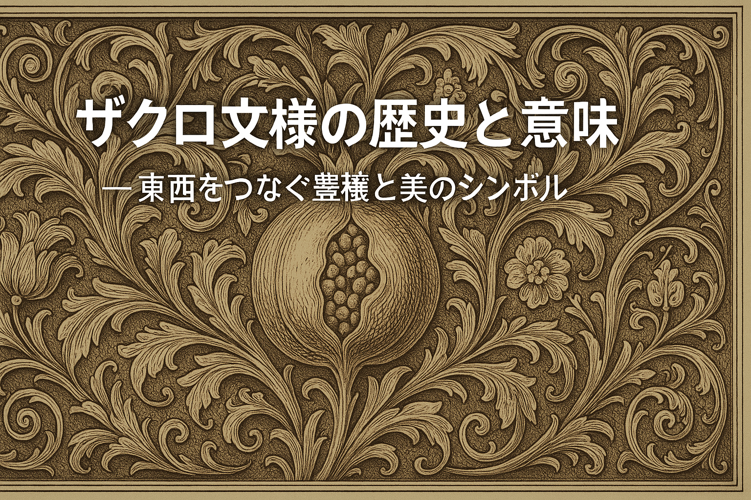 ルネサンス風の装飾的なザクロ文様を背景に、『ザクロ文様の歴史と意味 ― 東西をつなぐ豊穣と美のシンボル』という日本語タイトルが中央に配置されたブログ用アイキャッチ画像