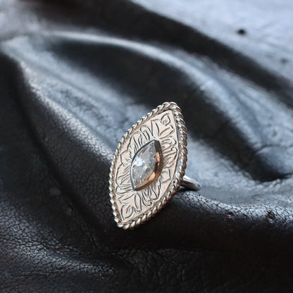 marquise engraving silver ring